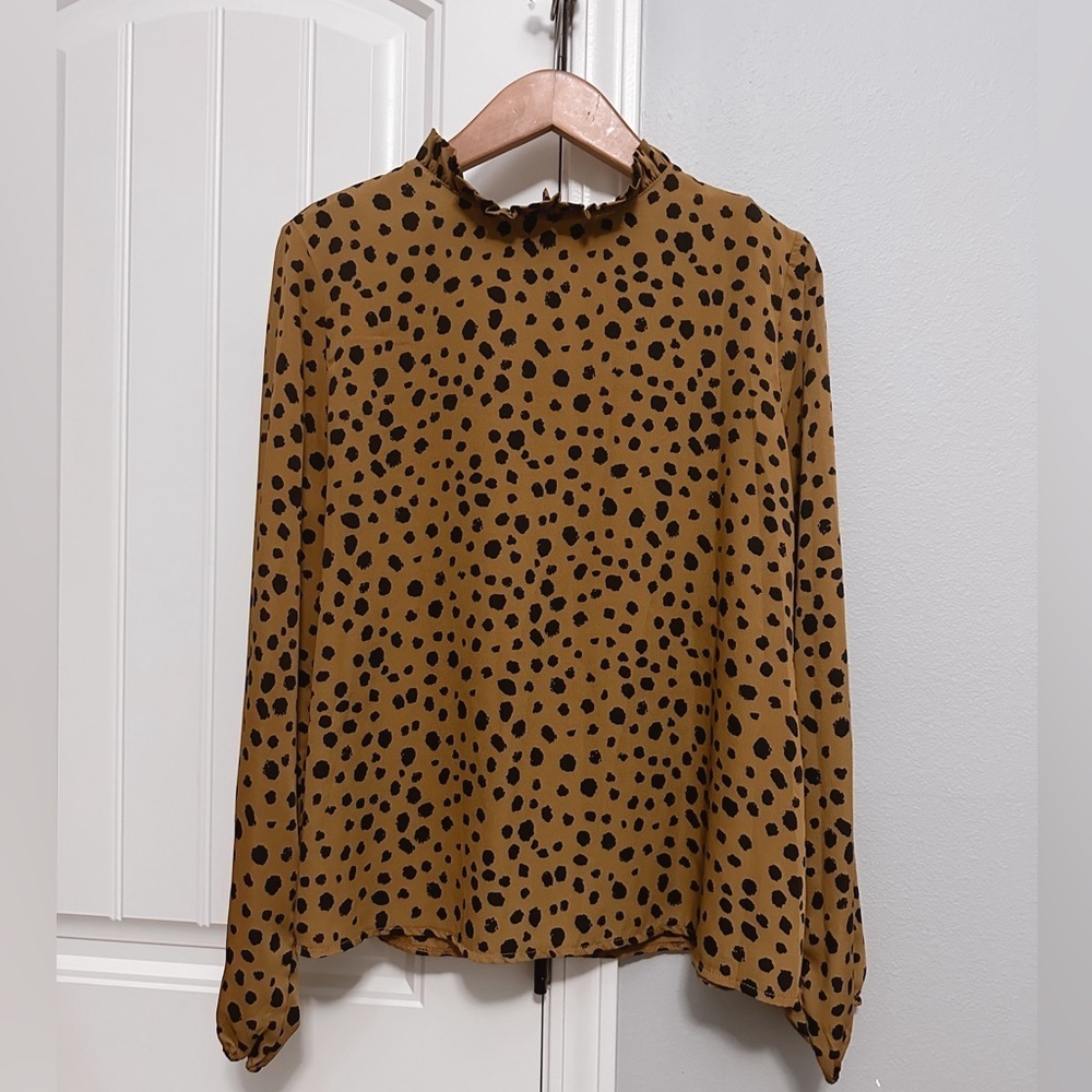 SHEIN Women Brown Dalmatian Print Frill Neck Lantern Sleeve Blouse Top Large